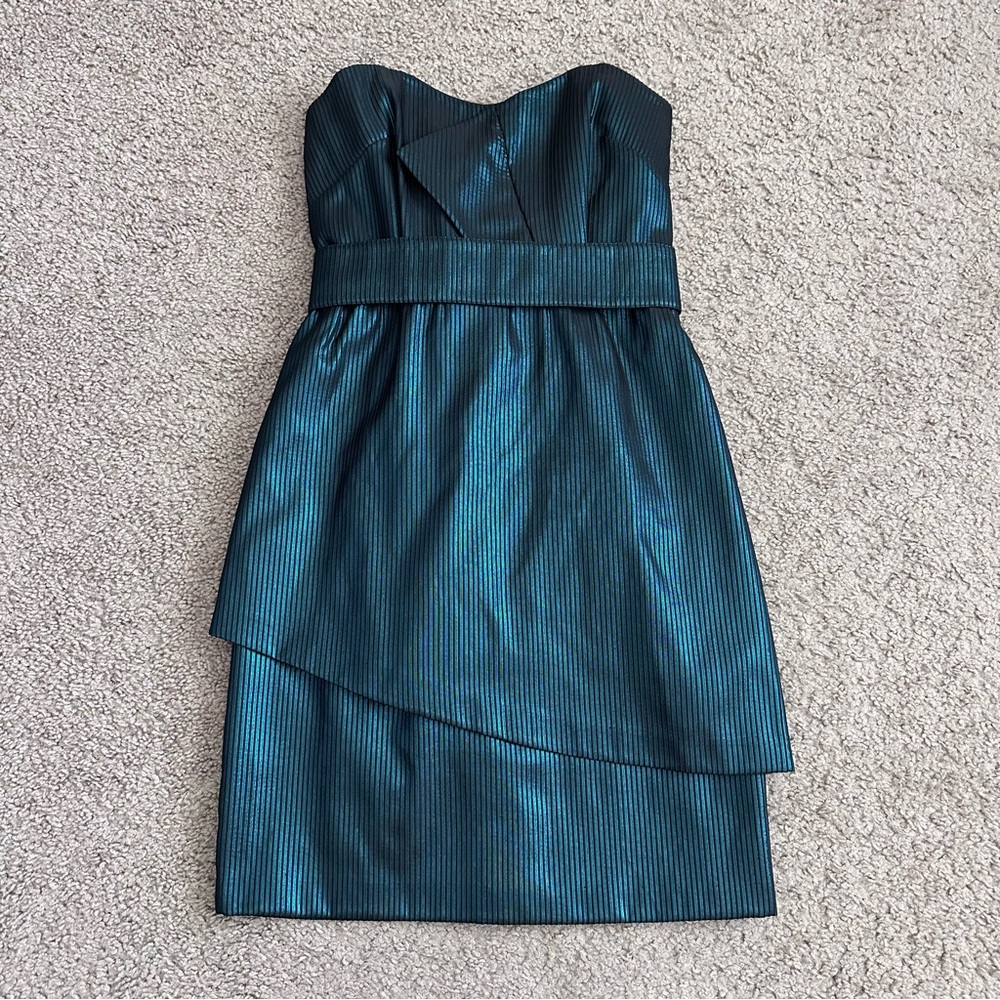 Reiss Dress Womens 4 Transformative Teal Bustier Strapless Peplum Metallic Sheen